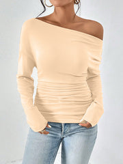 Solid Color Long Sleeves Skinny One-Shoulder T-Shirts Tops