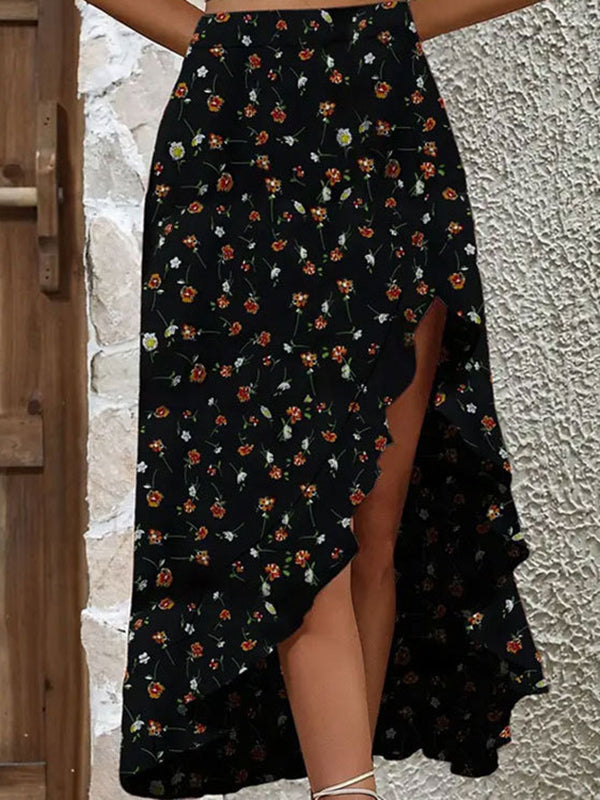 Asymmetric Flower Print Ruffled Split-Front High Waisted Loose Skirts Bottoms