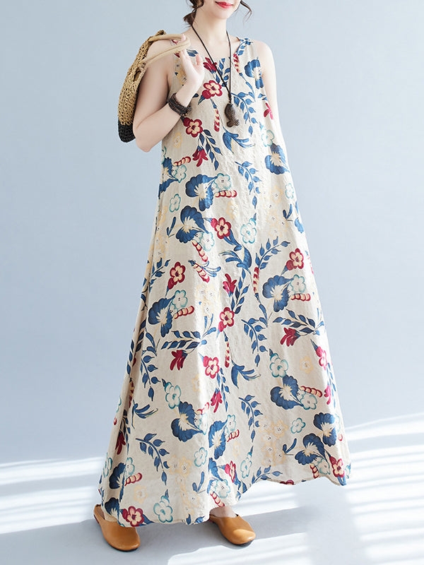 Floral Printed Loose Sleeveless Round-Neck Maxi Dresses