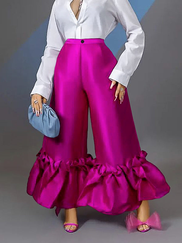 Buttoned Falbala High-Waisted Solid Color Loose Wide Leg Pants Flared Trousers