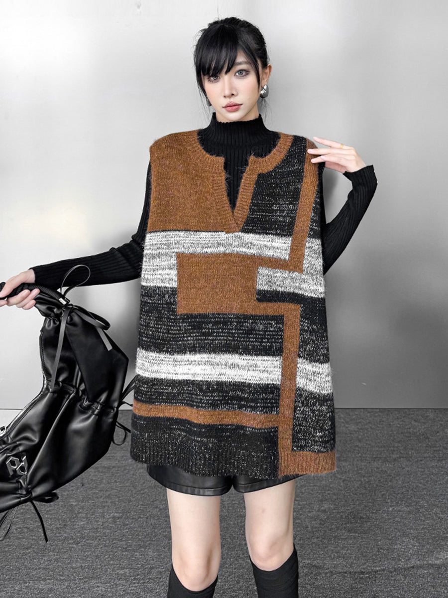 Contrast Color Geometric Split-Joint Striped Loose Sleeveless V-Neck Vest Top Outerwear