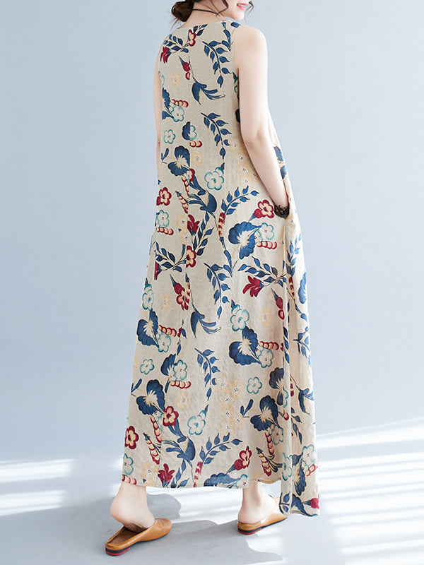 Floral Printed Loose Sleeveless Round-Neck Maxi Dresses