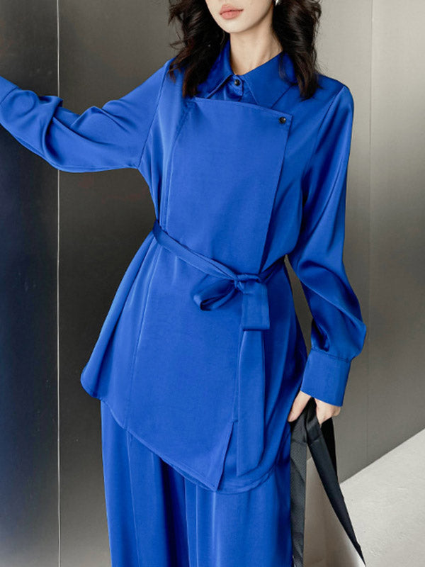 Buttoned Solid Color Long Sleeves Lapel Shirts Top + Elasticity High Waisted Pants Bottom Two Pieces Set