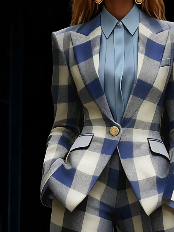 Long Sleeves Loose Buttoned Contrast Color Plaid Pockets Notched Collar Blazer Outerwear