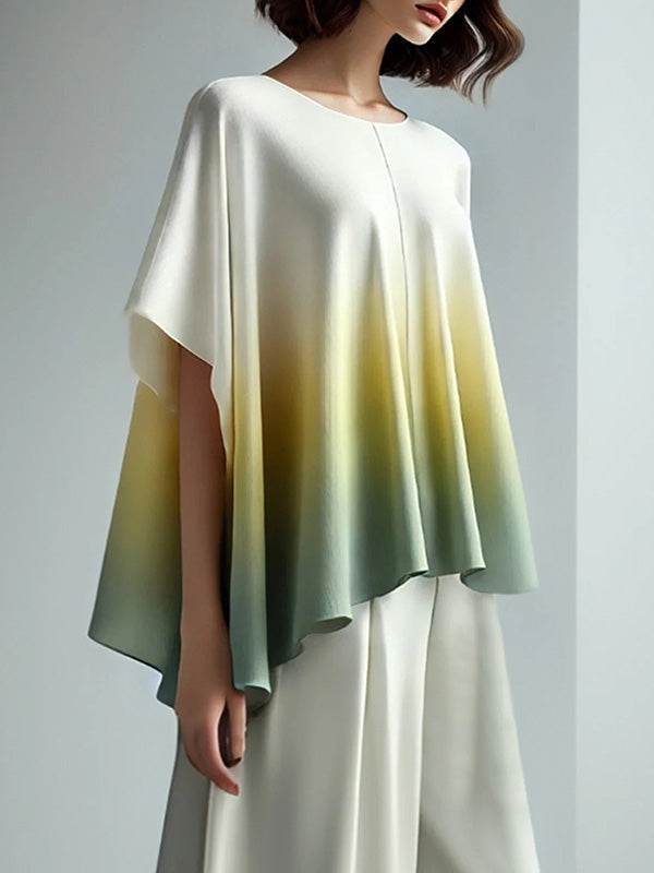 Gradient Split-Joint Batwing Sleeves Loose Round-Neck T-Shirts