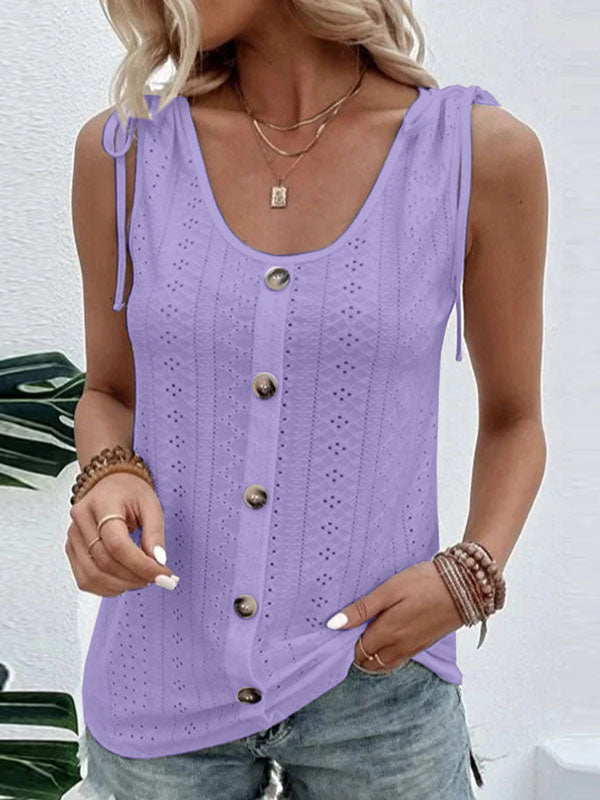 Buttoned Hollow Pleated Split-Joint Tied Loose Plus Size U-neck Vest Top