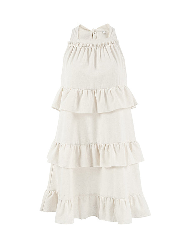 Ruffle Trim Solid Color Tied Zipper A-line Loose Spaghetti-Neck Mini Dresses