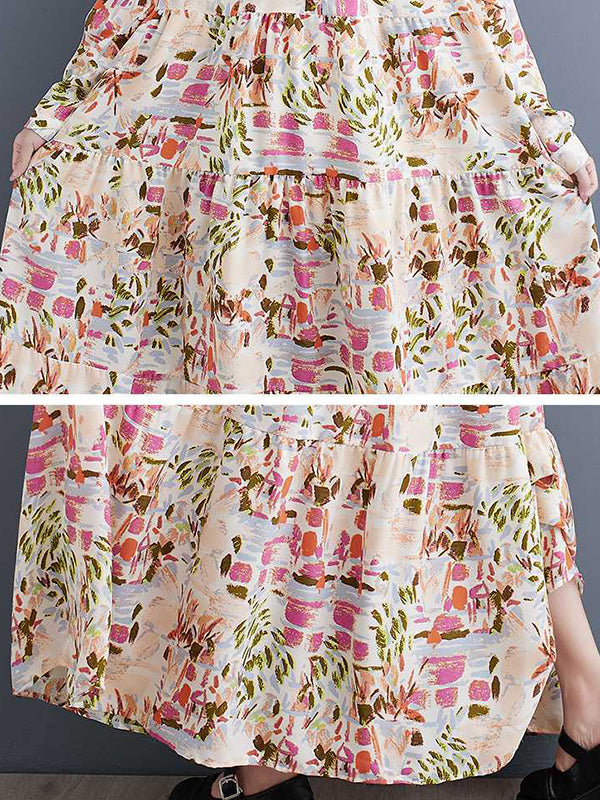 Pleated Printed Split-Joint Long Sleeves Loose Stand Collar Shirt Dress Midi Dresses