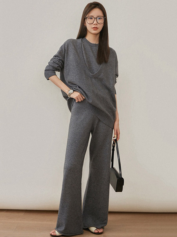Urban Loose Solid Round-Neck Vest Top& V-Neck Sweater Tops& Wide Leg Pants Three-Piece Set