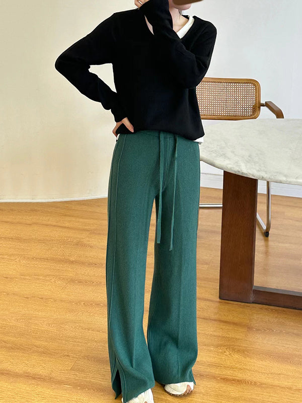 Drawstring Solid Color Split-Side Velvet High Waisted Loose Trousers Pants