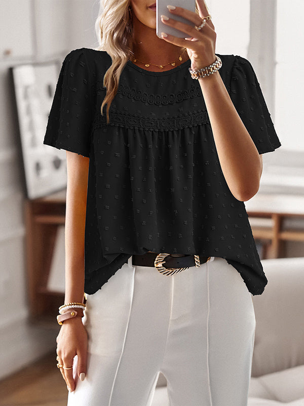 Hollow Jacquard Pleated Solid Color Split-Joint Loose Short Sleeves Round-Neck T-Shirts Tops