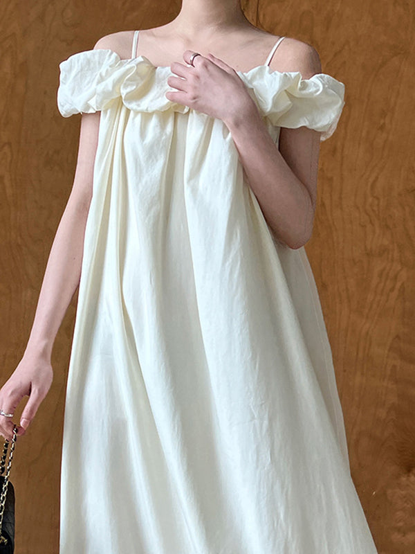 Elasticity Pleated Solid Color Split-Joint Loose Sleeveless Off-The-Shoulder Maxi Dresses