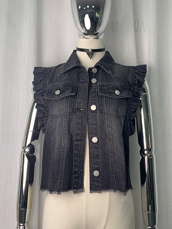 Buttoned Fringed Pockets Split-Joint Loose Ruffle Sleeves Lapel Vest Outerwear