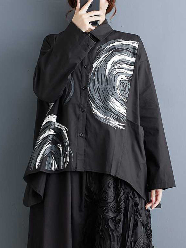 Asymmetric Printed Split-Joint Long Sleeves Loose Lapel Blouses