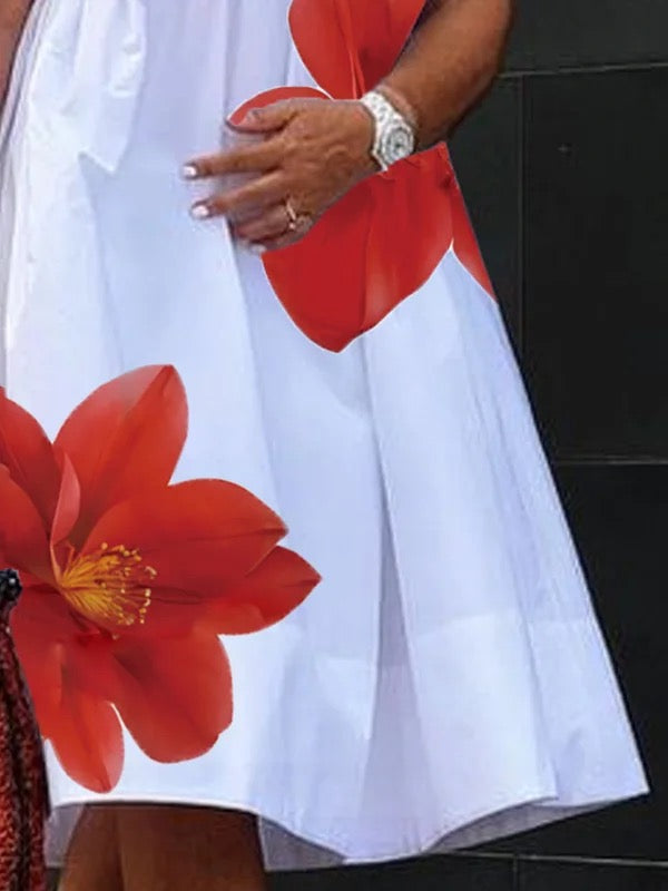 Flower Print Pleated A-Line Loose V-Neck Midi Dresses