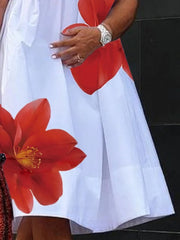 Flower Print Pleated A-Line Loose V-Neck Midi Dresses