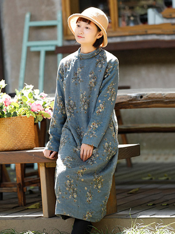 Vintage Loose Printed Keep Warm Velvet Midi Dress Long Cheongsam