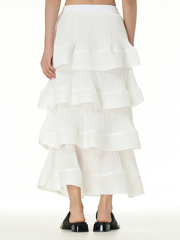 Elasticity Layered Pleated Ruffled Solid Color Loose Skirts Bottoms