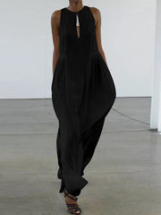 Hollow Solid Color Loose Sleeveless Round-Neck Maxi Dresses