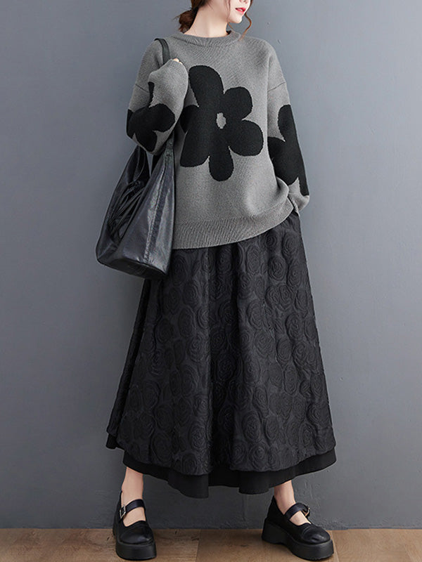 Casual Long Sleeves Loose Contrast Color Jacquard Round-Neck Pullovers
