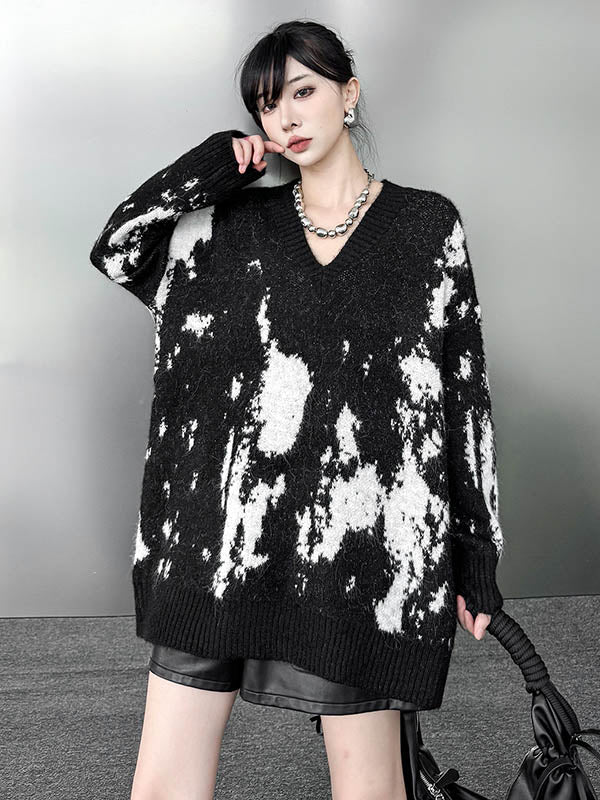 Abstract Printed Contrast Color Ribs Split-Joint Long Sleeves Loose V-Neck Sweater Tops