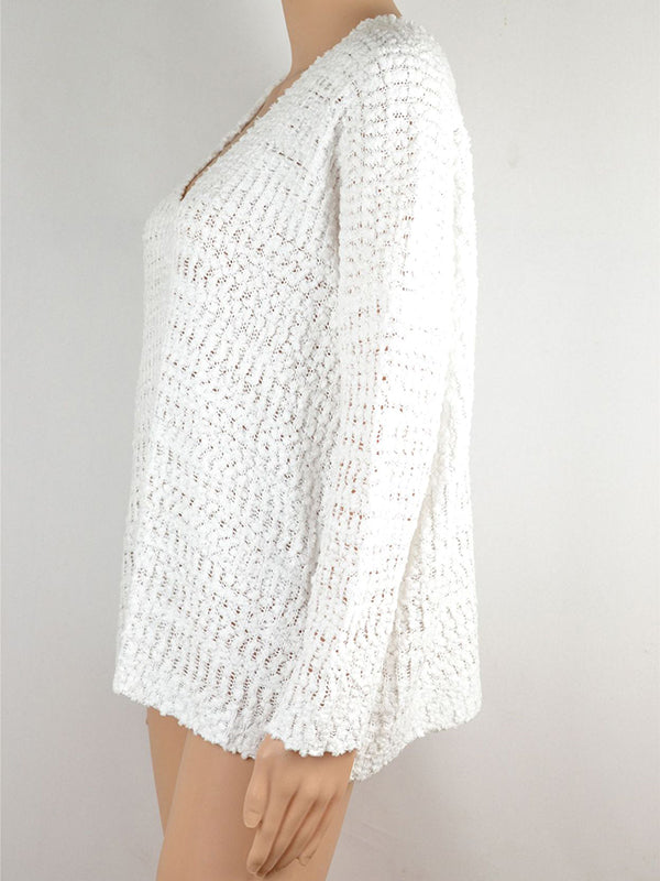 Hollow Solid Color Long Sleeves Loose Round-Neck Sweater Tops Pullovers Knitwear