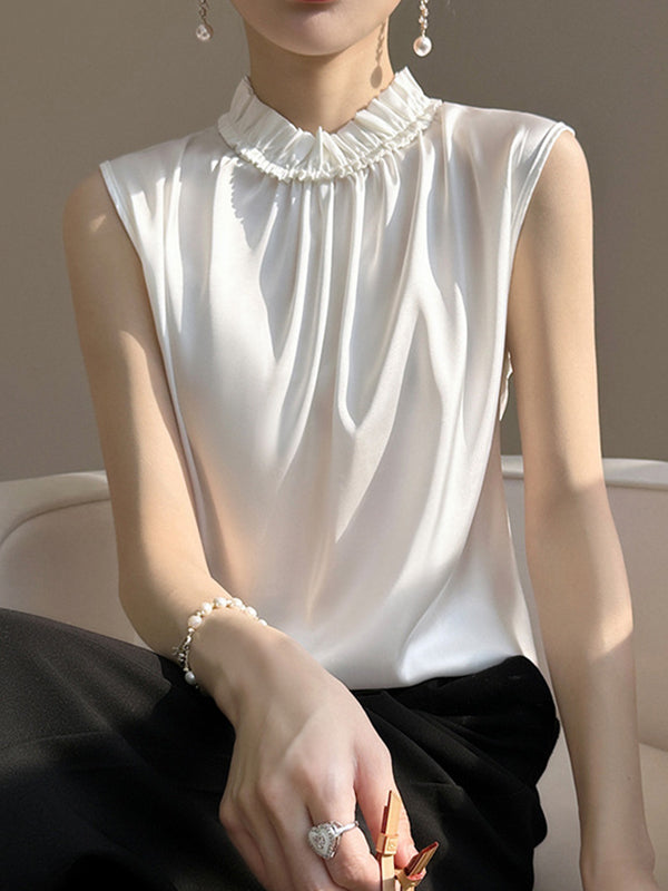 Pleated Ruffle Trim Solid Color Loose Sleeveless Stand Collar Vest Top