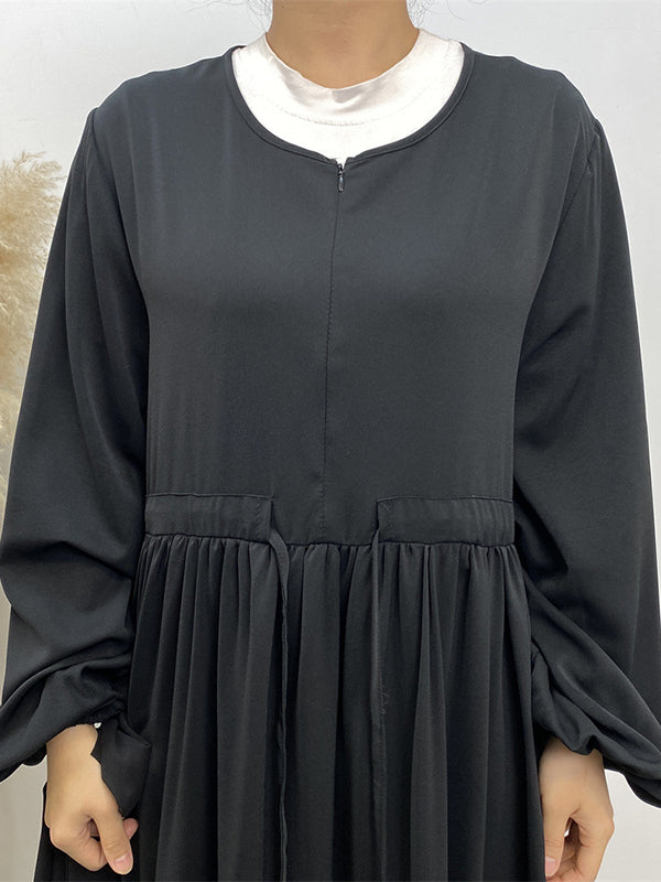 Drawstring Elasticity Muslim Pleated Solid Color Zipper Long Sleeves Loose Round-Neck Maxi Dresses