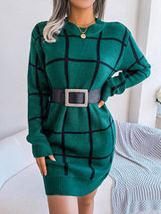 Belted Contrast Color Plaid Elasticated Waist Long Sleeves Round-Neck Sweater Dresses Mini Dresses