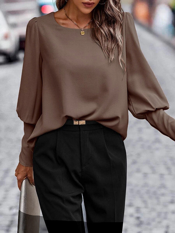 Buttoned Pleated Solid Color Long Sleeves Loose Round-Neck Blouses&Shirts Tops