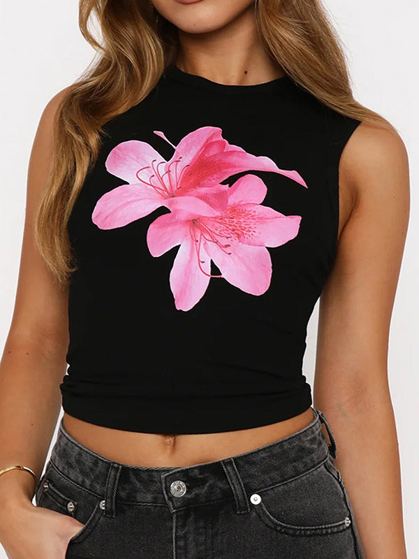 Flower Print Skinny Sleeveless Round-Neck Vest Top