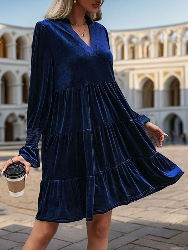 Pleated Solid Color Velvet A-Line Long Sleeves V-Neck Mini Dresses