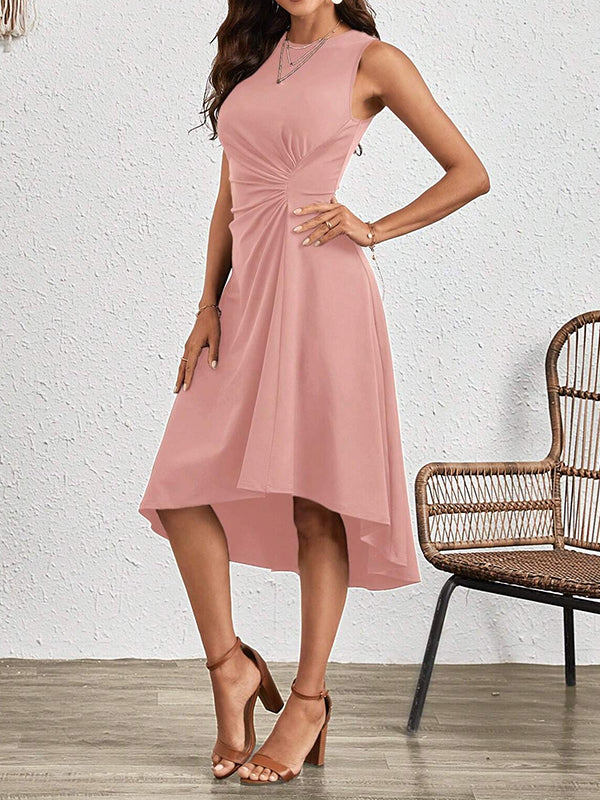 Asymmetric Pleated Solid Color Split-Joint A-Line High Waisted Round-Neck Midi Dresses