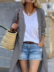 Contrast Color Striped Long Sleeves Loose Collarless Cardigan Coats