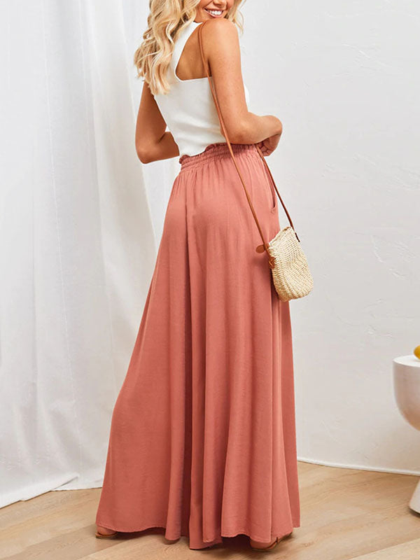 Drawstring Elasticity Pockets Solid Color High Waisted Loose Trousers Pants