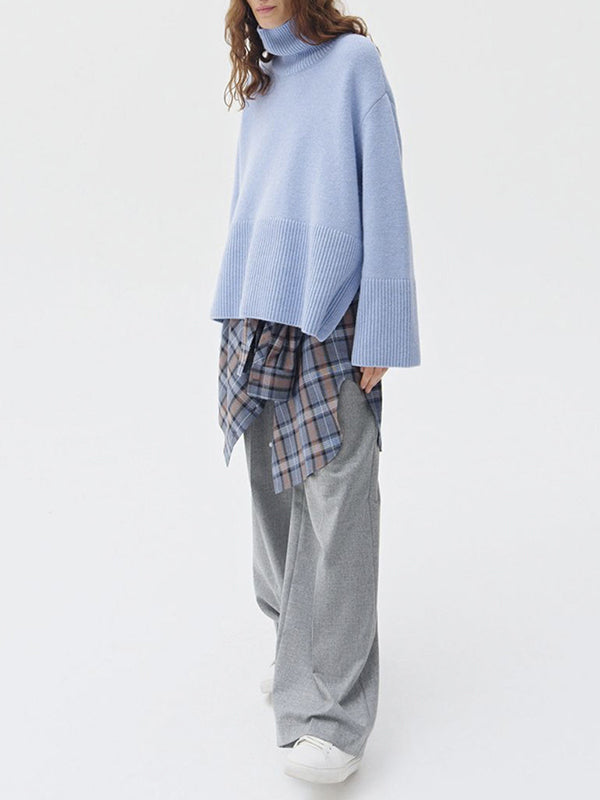 Pleated Solid Color Split-Side Long Sleeves Loose High Neck Sweater Tops
