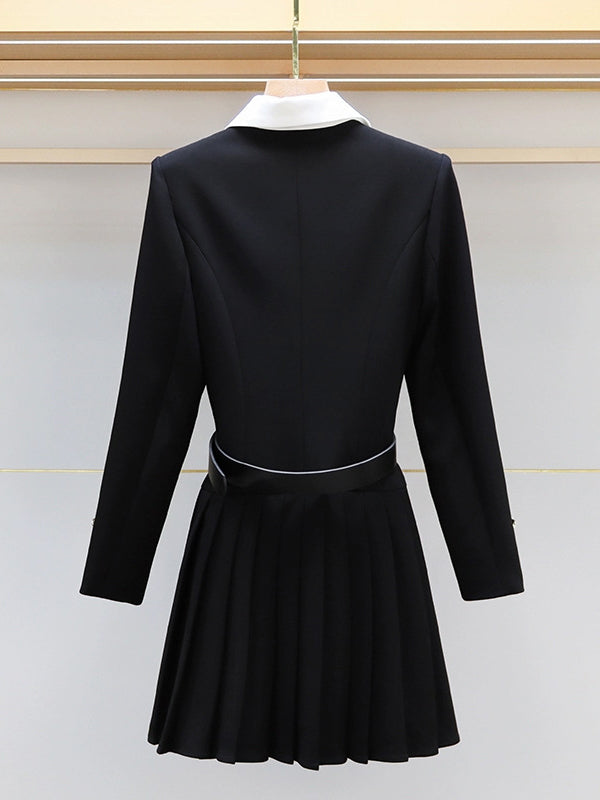 Belted Buttoned Contrast Color Pleated Single-Breasted Elasticated Waist Long Sleeves Lapel Shirt Dress Mini Dresses