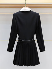 Belted Buttoned Contrast Color Pleated Single-Breasted Elasticated Waist Long Sleeves Lapel Shirt Dress Mini Dresses