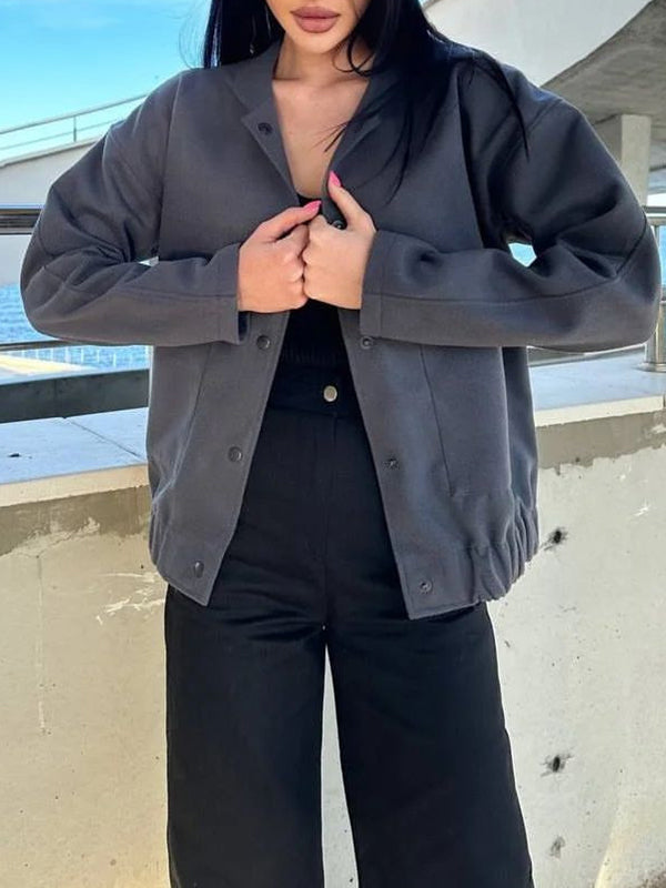 Buttoned Elasticity Pockets Solid Color Split-Joint Long Sleeves Loose Stand Collar Outerwear Jackets
