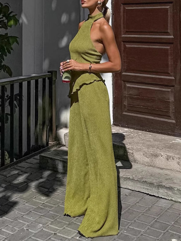 Solid Color Loose Pleated Halter-Neck Vest Top + High Waisted Pants Bottom Two Pieces Set