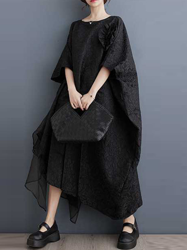 Asymmetric Flower Shape Gauze Jacquard Pleated Solid Color Split-Joint Batwing Sleeves Loose Round-Neck Midi Dresses