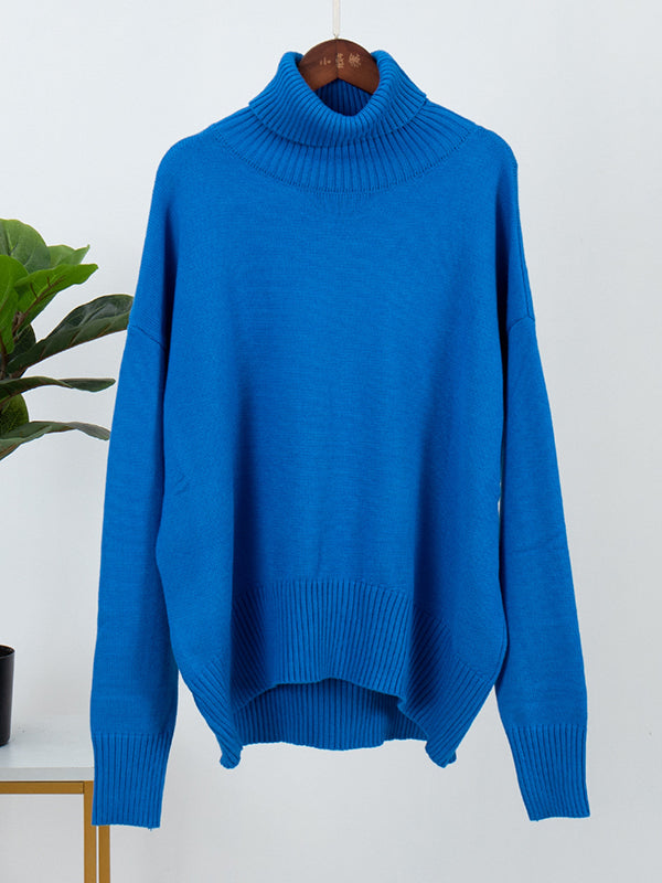 Casual Long Sleeves Loose Solid Color High-Neck Sweater Tops
