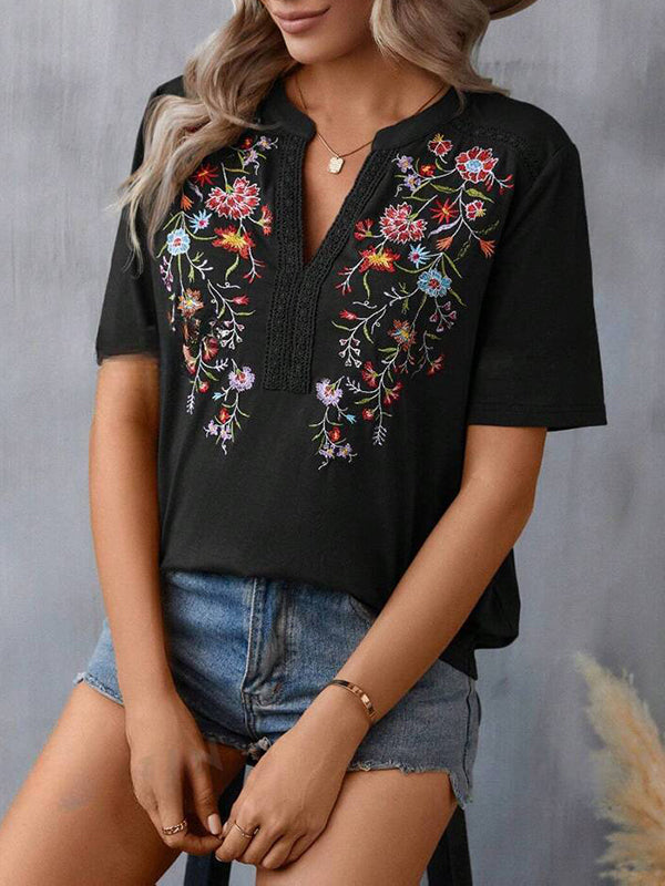 Embroidered Split-Joint Half Sleeves Loose V-Neck T-Shirts Tops