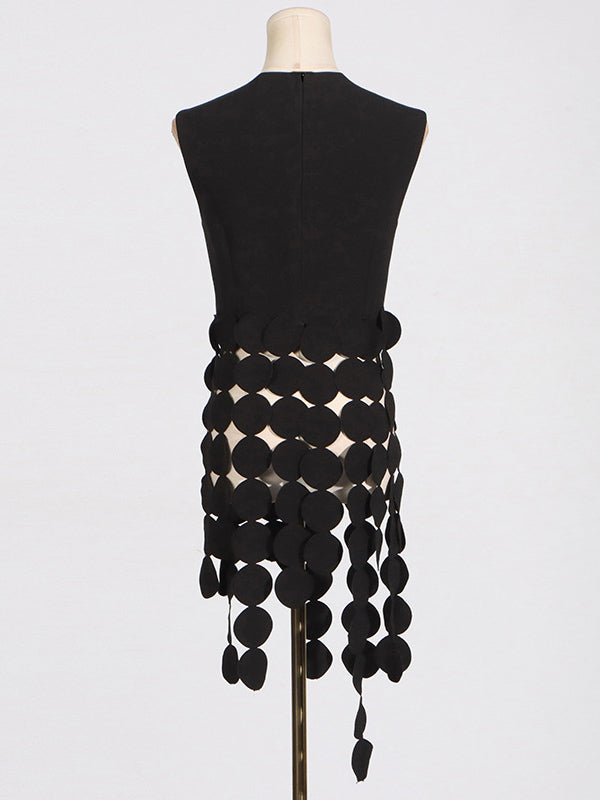 Polka-Dot Solid Color Split-Joint Tasseled Sleeveless Round-Neck Vest Top