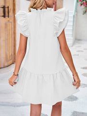 Hollow Lace-Up Pleated Solid Color Split-Joint Flying Sleeves Loose Stand Collar Mini Dresses