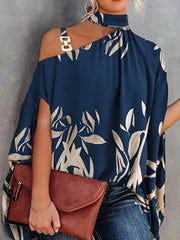 Asymmetric Chains Printed Batwing Sleeves Loose Asymmetric Collar T-Shirts Tops