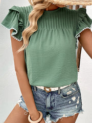 Pleated Loose Ruffle Sleeves Round-neck T-Shirts Tops