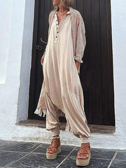 Buttoned Loose Sleeveless V-neck Jumpsuits