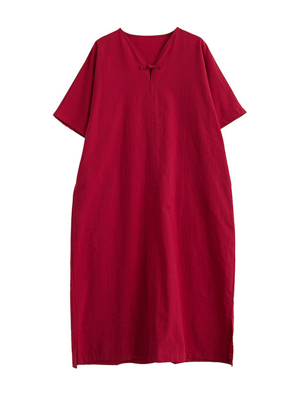 Chinese Frog Buttons Pockets Solid Color Split-Side A-Line Loose V-Neck Midi Dresses