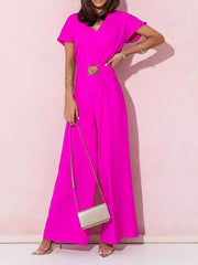 Belted Pleated High Waisted Loose V-Neck Jumpsuits